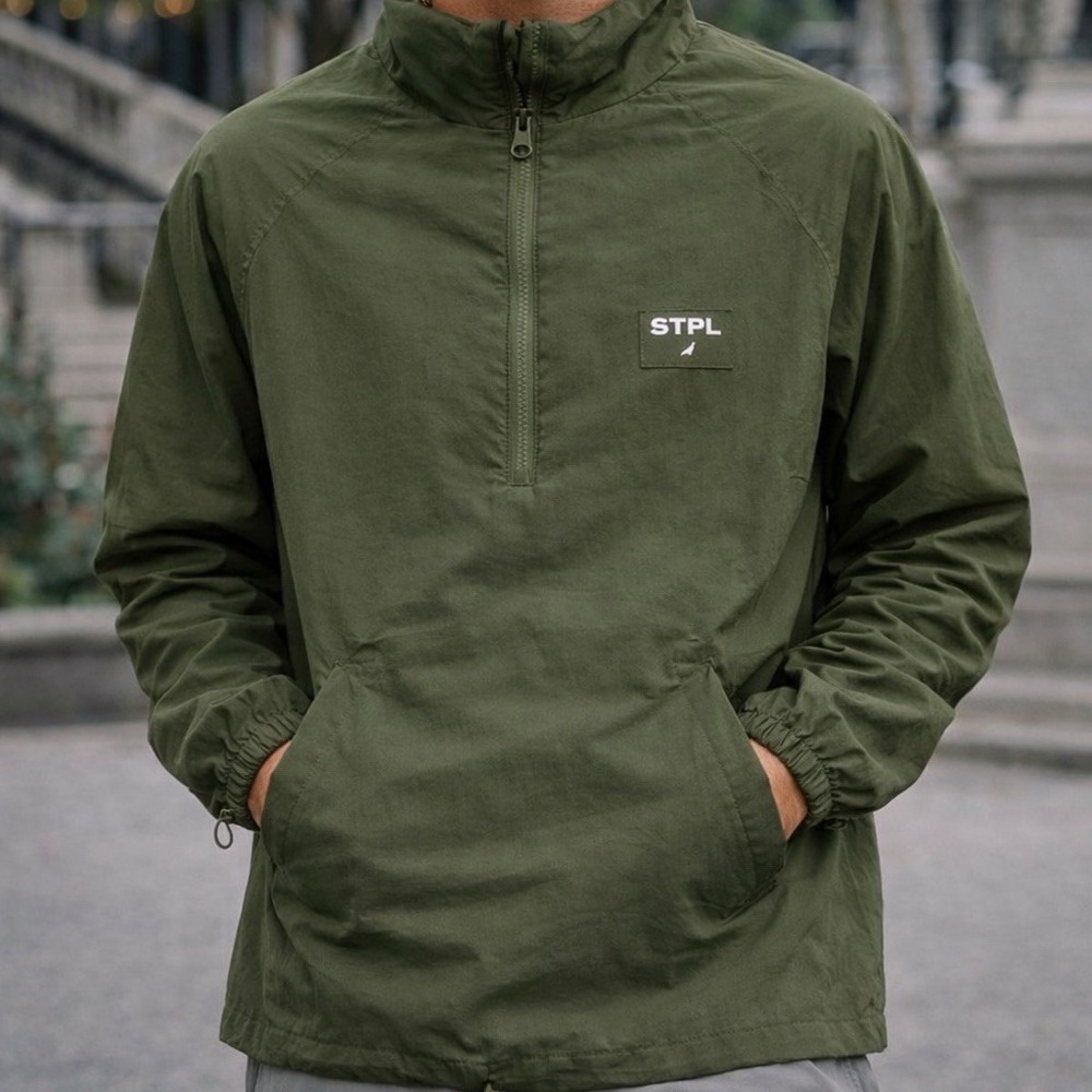 NWT STAPLE Pigeon STPL Olive Green Nylon Half-Zip Anorak Windbreaker Jacket sz L